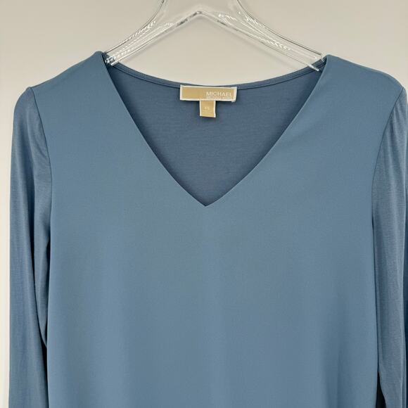 Michael Kors blouse V neck knit chiffon overlay layered blue size XS - Picture 2 of 6